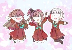 Rule 34 | &gt; &lt;, 3girls, :d, aqua neckerchief, arms up, black gloves, black pantyhose, black shoes, blush, brown dress, brown hair, colored inner hair, commentary request, deformed, dress, falling petals, flower, fujishima megumi, full body, gloves, grey hair, hair bun, hair flower, hair ornament, half gloves, hasu no sora school uniform, highres, link! like! love live!, long hair, long sleeves, love live!, multicolored hair, multiple girls, neckerchief, open mouth, otomune kozue, outline, pantyhose, petals, pink background, pink petals, purple hair, raised inner eyebrows, red flower, red hair, sailor collar, sailor dress, school uniform, shoes, short hair, side ponytail, sidelocks, single side bun, smile, socks, star (symbol), star hair ornament, streaked hair, tassel, tassel hair ornament, two side up, virtual youtuber, watage modoki, white outline, white sailor collar, white socks, winter uniform, xd, yugiri tsuzuri