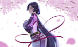 1girl absurdres arm_guards arm_under_breasts back black_sleeves bodysuit breasts cherry_blossoms cherry_tree closed_mouth commentary cowboy_shot crow019 falling_petals fate/grand_order fate_(series) from_side half-closed_eyes hand_up highres huge_breasts japanese_clothes light_smile long_bangs long_hair looking_at_viewer median_furrow minamoto_no_raikou_(fate) parted_bangs pelvic_curtain petals purple_bodysuit purple_eyes purple_hair purple_rope purple_shrug ribbed_shrug rope shrug_(clothing) simple_background skin_tight solo turning_head very_long_hair white_background