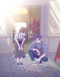 1boy 1girl apron brown_eyes brown_hair cat chillfilm denim door flower grey_shirt hands_on_own_knees highres looking_at_animal official_art outdoors sandwich_board shirt shoes sneakers socks squatting white_socks
