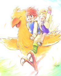1boy 1girl 72yan blonde_hair blue_eyes blush boco brown_hair bartz_klauser chocobo commentary_request dress closed_eyes final_fantasy final_fantasy_v jewelry krile_mayer_baldesion_(ff5) long_hair open_mouth ponytail smile