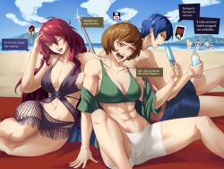 1boy 2girls abs amagi_yukiko beach bikini bikini_top_only blue_hair breasts brown_eyes brown_hair gameplay_mechanics green_bikini iori_junpei kirijou_mitsuru kitagawa_yuusuke mayonnaisenais3 medium_breasts multiple_girls persona persona_3 persona_4 persona_5 red_hair satonaka_chie short_hair sitting sweat swimsuit takamaki_anne toned toned_female