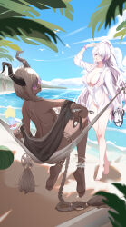 Rule 34 | 2girls, absurdly long hair, absurdres, ankle strap, azur lane, beach, bespectacled, bikini, bird, blue sky, braid, breasts, brown horns, brown sarong, chinese commentary, choker, cleavage, cloud, cocktail glass, collarbone, commentary request, cup, dark-skinned female, dark skin, day, drinking glass, food, food on hand, fruit, full body, glasses, gokusaishiki (1376145360), gold, hair between thighs, hair over breasts, hair over one breast, hair over one eye, hammock, highres, holding, holding cup, holding sandals, holding spoon, horn ornament, horns, jewelry, large breasts, large horns, long hair, long sleeves, looking at viewer, looking back, low-braided long hair, low-tied long hair, low twin braids, manjuu (azur lane), multi-strapped swimsuit, multicolored bikini, multicolored hair, multiple girls, official alternate costume, one-piece swimsuit, outdoors, outstretched arm, owari (azur lane), owari (shimmering forsythia) (azur lane), palm leaf, parfait, partially unbuttoned, purple-tinted eyewear, purple bikini, purple choker, purple eyes, purple hair, sand, sandals, sarong, scrunchie, see-through clothes, see-through shirt, see-through silhouette, shadow, shirt, sitting, sky, spoon, standing, strawberry parfait, streaked hair, summer, swimsuit, thighlet, tinted eyewear, tongue, tongue out, twin braids, two-tone bikini, two-tone hair, unworn sandals, unzen (azur lane), unzen (sojourn through clear seas) (azur lane), very long hair, water, watermelon, white bikini, white bird, white hair, white one-piece swimsuit, white shirt, wrist scrunchie