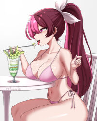 Rule 34 | 1girl, bikini, breast rest, breasts, brown eyes, brown hair, chair, cleavage, collarbone, cream on breasts, cslucaris, cup, curvy, eating, food, grey background, hair ribbon, heterochromia, high ponytail, highres, holding, holding spoon, large breasts, long hair, multicolored hair, navel, neopolitan (rwby), open mouth, parfait, pink bikini, pink eyes, pink hair, pink nails, ponytail, ribbon, rwby, simple background, sitting, solo, spoon, stomach, strap gap, swimsuit, table, thighs, tongue, tongue out, two-tone hair, very long hair, white ribbon