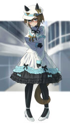 1girl absurdres animal_ears bib_collar black_gloves blue_eyes bow breasts brown_bow brown_hair cheval_grand_(umamusume) commentary_request ears_through_headwear frilled_skirt frills gloves hair_between_eyes hat high_heels highres holding_own_arm horse_ears horse_girl horse_tail long_sleeves looking_at_viewer peaked_cap pigeon-toed protectload shirt shoes short_hair shy skirt solo tail umamusume white_hat white_shirt white_shoes white_skirt