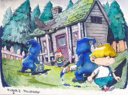 4boys akahanadragon backpack bag baseball_cap bird blonde_hair bucket chimney crow door fence full_body grass hair_over_eyes happy_happyist hat holding holding_bucket holding_paintbrush hood house mother_(series) mother_2 multiple_boys ness_(mother_2) nintendo open_mouth outdoors paint_can paintbrush pine_tree porky_minch shirt shoes shorts sneakers spiteful_crow striped_clothes striped_shirt suspenders tree walking window wooden_fence