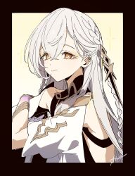 1girl absurdres aiwo_o_lite bare_shoulders black_border border braid bright_pupils closed_mouth colored_extremities crossed_arms genshin_impact gold hair_between_eyes hair_ornament highres istaroth_(genshin_impact) jewelry long_hair looking_at_viewer purple_hands side_braid solo star_(symbol) upper_body very_long_hair white_hair white_pupils yellow_background yellow_eyes
