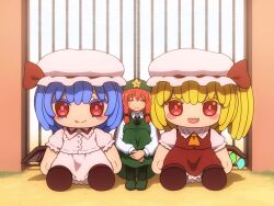 1girl black_socks blush breasts character_doll closed_eyes closed_mouth commentary doll doqute_stuffed_doll fang fang_out flandre_scarlet full_body gate green_hat green_shoes green_skirt green_vest hat hat_ornament hong_meiling hugging_own_legs large_breasts long_hair mob_cap orange_hair remilia_scarlet shirosato shirt shoes sitting skirt skirt_set smile socks solo star_(symbol) star_hat_ornament symbol-only_commentary touhou vest white_shirt