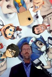 1girl 5boys :d apple_juice artist_name bag bag_over_head beard_stubble black-framed_eyewear black_hair black_suit blue_eyes blue_hair blue_shirt breasts brown_hair cleavage clenched_teeth coat commentary crossover defibrillator dr._mario english_commentary eyepatch facial_hair faust_(guilty_gear) formal_clothes glasses gloves gregory_house grin guilty_gear guilty_gear_xrd hair_over_one_eye hat head_mirror highres holding_juice_box house_m.d. juice juice_box lab_coat large_breasts looking_at_viewer mario mario_(series) maruki_takuto mask medic_(tf2) miss_misimo mouth_mask multiple_boys multiple_crossover mustache necktie nintendo nurse_cap open_mouth paper_bag persona persona_5 photo_background red_eyes red_medic_(tf2) red_necktie shirt short_hair skullgirls smile stethoscope_around_neck stubble suit surgical_mask team_fortress_2 teeth upper_body valentine_(skullgirls) watermark white_coat white_gloves yellow_necktie
