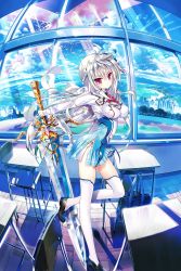 1girl absurdres braid breasts charlotte_labpeyn classroom cloud desk female_focus fisheye highres impossible_clothes impossible_shirt indoors izure_shinwa_no_houkago_sensou landscape long_hair looking_at_viewer red_eyes school school_desk school_uniform shirt side_slit silver_hair skirt sky solo standing standing_on_one_leg sword thighhighs weapon white_thighhighs window youta