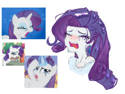 Rule 34 | 1girl, blue eyeshadow, blue shirt, chinese commentary, collarbone, colored skin, commentary request, cropped shoulders, crying, curly hair, diamond earrings, earrings, eyeshadow, highres, jewelry, long hair, makeup, my little pony, my little pony: equestria girls, my little pony: friendship is magic, off-shoulder shirt, off shoulder, open mouth, purple hair, raised inner eyebrows, rarity (equestria girls), rarity (my little pony), reference inset, runny makeup, sesi (john94825282), shirt, simple background, single bare shoulder, single off shoulder, solo, teeth, tongue, upper teeth only, white background, white skin