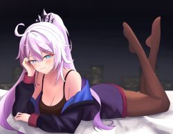 1girl absurdres ahoge alternate_costume black_camisole black_pantyhose blue_jacket breasts building camisole cleavage commentary english_commentary highres honkai_(series) honkai_impact_3rd jacket kiana_kaslana kiana_kaslana_(herrscher_of_finality) large_breasts long_hair looking_at_viewer lying multicolored_hair on_stomach pantyhose purple_hair skyscraper smile soles solo the_pose tiara two-tone_hair very_long_hair white_hair yue_kanade
