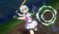 :d asahina_iroha aura baseball baseball_bat baseball_glove baseball_stadium baseball_uniform belt belt_buckle belt_pouch bike_shorts_under_skirt black_belt black_footwear black_gloves black_pouch black_shorts black_undershirt blue_shirt bow buckle catcher&#039;s_mask catcher_(baseball) chest_protector cinderella_series dutch_angle emphasis_lines fingerless_gloves game_cg gloves grey_pants hachigatsu_no_cinderella_nine hair_bow hair_ornament hairclip highres holding holding_baseball_bat light_particles looking_ahead looking_up metal_baseball_bat neckerchief non-web_source official_art on_one_knee open_mouth outdoors pants pink_neckerchief playing_sports pleated_skirt pouch red_bow satogahama_baseball_uniform shin_guards shirt shirt_under_shirt short_hair short_sleeves shorts skirt smile solo_focus sportswear standing striped_belt striped_clothes striped_shirt swinging umpire v-shaped_eyebrows vertical-striped_clothes vertical-striped_shirt white_hair wristband yellow_eyes