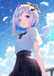 1girl alternate_costume amane_kanata angel_wings asymmetrical_bangs asymmetrical_hair black_bow black_bowtie black_skirt blue_hair blue_sky blue_wings bob_cut bow bowtie closed_mouth cloud collared_shirt colored_inner_hair commentary cumulonimbus_cloud day falling_feathers feathered_wings feathers gradient_wings grey_hair hair_over_one_eye halo hashtag-only_commentary highres hololive light_smile looking_at_viewer mini_wings multicolored_hair multicolored_wings nametakeko outdoors pink_hair pleated_skirt purple_eyes school_uniform shirt shirt_tucked_in short_hair short_sleeves single_hair_intake skirt sky solo star_halo streaked_hair virtual_youtuber white_shirt white_wings wings