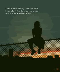 1other chain-link_fence cloud cloudy_sky english_text faceless fence grey_sky hands_on_lap highres horizon onlypixeeels original partially_colored pixel_art scenery silhouette sitting_on_fence sky skyline sunrise sunset
