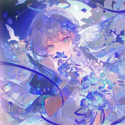 1girl bare_shoulders blue_hair bracelet commentary commission detached_sleeves dress earrings english_commentary english_text face_jewel gloves hair_ornament halo head_wings highres holding honkai:_star_rail honkai_(series) jewel_under_eye jewelry long_hair looking_at_viewer niukou_kouzi robin_(honkai:_star_rail) short_sleeves upper_body white_dress white_gloves wings