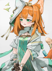 Rule 34 | 1girl, ahoge, animal ears, arknights, blush, brown gloves, commentary, dress, earrings, gloves, green dress, green eyes, grey background, grey dress, highres, jewelry, kari90909, looking ahead, medium hair, nervous, open mouth, orange hair, orange tail, own hands together, papyrus (arknights), simple background, single glove, solo, tail, tail ornament, tail raised, tail ring, uroko (pattern), watch, wavy mouth, wristwatch