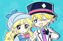 Rule 34 | 1boy, 1girl, blonde hair, blue background, blush stickers, collared shirt, commentary request, cordelia glauca, deerstalker, diamond-shaped pupils, diamond (shape), flower, flower-shaped pupils, formal clothes, gloves, hand on another&#039;s shoulder, hand on own chest, hat, holding, holding flower, long hair, long sleeves, mole, mole under eye, monocle, necktie, one eye closed, rose, shirt, short hair, suit, sweat, symbol-shaped pupils, tantei opera milky holmes, top hat, tsunoji, twenty (milky holmes)