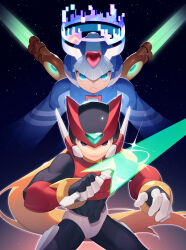 2boys absurdres android armor black_eyes blonde_hair blue_eyes blue_helmet buzzsaw_(6631455) cowboy_shot cyber_elf_x_(mega_man) energy_sword forehead_jewel halo helmet highres long_hair male_focus mega_man_(series) mega_man_zero_(series) multiple_boys red_armor red_helmet sword weapon x_(mega_man) z_saber zero(z)_(mega_man) zero_(mega_man)
