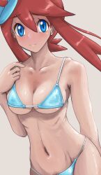 1girl alternate_costume bikini blue_bikini blue_eyes breasts closed_mouth collarbone commentary_request eyelashes female_pubic_hair hair_between_eyes hair_ornament haloh hand_up highres navel nintendo one_side_up pokemon pokemon_bw pubic_hair pubic_hair_peek red_hair ribs sidelocks skyla_(pokemon) solo swimsuit tan
