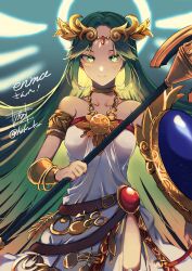 1girl arm_shield chain collarbone commission gold_chain green_eyes green_hair highres holding holding_staff kid_icarus kid_icarus_uprising long_hair looking_at_viewer nintendo palutena shield skeb_commission staff very_long_hair wadante