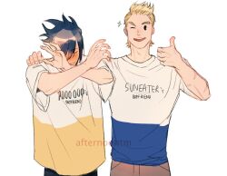 Rule 34 | 2boys, afternoontm, amajiki tamaki, arm around shoulder, arms up, black pants, blonde hair, blue hair, blush, boku no hero academia, brown pants, closed eyes, closed mouth, commentary, cowboy shot, crossed arms, english commentary, full-face blush, long sleeves, looking at viewer, male focus, multiple boys, one eye closed, pants, scar, scar on arm, shirt, short hair, side-by-side, simple background, sketch, sparkle, standing, thick eyebrows, thumbs up, togata mirio, twitter username, white background, wide sleeves, yaoi
