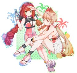 2girls absurdres alice_thymefield alice_thymefield_(sea_of_thyme) animal_ears arms_up blonde_hair bracelet braid breasts character_name cleavage commentary_request eyewear_on_head food full_body green_eyes hairband heart heart-shaped_eyewear heterochromia high_heel_sandals highres holding holding_food holding_popsicle holding_water_gun jewelry knees_up long_hair looking_at_viewer low_twin_braids multiple_girls official_alternate_costume palm_tree popsicle ppop_(2212538880) rabbit_ears rabbit_girl rabbit_tail red_eyes red_hair sandals smile sphere_hair_ornament tail tree twin_braids two-tone_one-piece_swimsuit ukinami_yuzuha ukinami_yuzuha_(tanuki_in_broad_daylight) water_gun white_hairband white_sandals yellow_eyes zenless_zone_zero