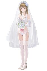 1girl absurdres bare_shoulders bouquet bra breasts bridal_lingerie bridal_veil brown_eyes brown_hair cleavage closed_mouth commentary_request elbow_gloves flower full_body garter_belt garter_straps gher5 gloves high_heels highres holding holding_bouquet jewelry large_breasts lingerie looking_at_viewer medium_hair mole mole_under_eye navel necklace original panties see-through_clothes see-through_veil simple_background smile solo standing stomach thighhighs thighs underwear veil white_background white_bra white_flower white_garter_belt white_garter_straps white_gloves white_panties white_thighhighs