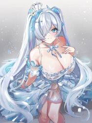 1girl arm_cuffs bare_shoulders blue_dress blue_eyes blue_nails bow bracelet breasts cinderella_(glass_princess)_(nikke) cinderella_(nikke) collarbone commentary corset cowboy_shot crown diamond_(shape) dress eyelashes goddess_of_victory:_nikke hair_bow hair_over_one_eye hand_on_own_chest hand_up highres hiromusan jewelry large_breasts layered_dress long_hair looking_at_viewer nail_polish neck_ribbon official_alternate_costume ribbon smile solo spaghetti_strap star_(symbol) twintails white_hair wrist_ribbon