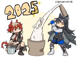 2025 3girls animal_ears arknights black_boots black_capelet black_hair black_jacket black_skirt black_vest blue_shorts boots breasts brown_shirt bucket capelet chibi collared_shirt fiammetta_(arknights) food foodification full_body furrowed_brow head_wings high-waist_skirt highres holding holding_mallet jacket jacket_on_shoulders jitome knee_boots lappland_(arknights) large_breasts long_hair long_sleeves looking_at_another mallet mochi mochitsuki multiple_girls mutomorokoshi new_year no_mouth on_one_knee orange_eyes pantyhose pantyhose_under_shorts red_eyes red_hair shirt short_hair shorts simple_background skirt sparkle standing tail texas_(arknights) texas_the_omertosa_(arknights) twitter_username two-tone_background vest washing_hands white_background white_boots white_shirt wings wolf_ears wolf_girl wolf_tail yellow_background