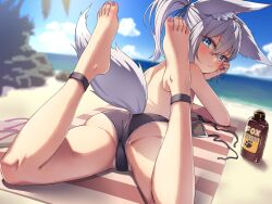 1girl animal_ears ankle_cuffs arm_support ass barefoot beach beach_towel bikini bikini_bottom_only black_bikini blue_eyes blue_sky expressionless feet feet_up fox_ears fox_girl fox_tail from_behind legs looking_at_viewer lotion lotion_bottle lying medium_hair nail_polish ocean on_stomach original outdoors palm_tree ponytail ryuudog sandals short_ponytail sky sunscreen swimsuit tail tanning_oil the_pose thighs toenail_polish toenails toes topless_female towel tree untied_bikini untied_bikini_top unworn_bikini_top unworn_sandals white_hair
