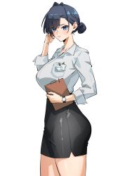 1girl black_hair black_skirt blue_eyes breasts clipboard collared_shirt grey_shirt hair_bun hair_intakes highres holding holding_clipboard hololive hololive_english large_breasts miniskirt name_tag office_lady ouro_kronii pencil_skirt shirt simple_background skirt solo virtual_youtuber watch white_background wristwatch yuutomeh