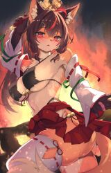 1girl ahoge an_choby animal_ear_fluff animal_ears arm_up bare_shoulders blush breasts brown_hair commentary_request detached_sleeves fox_ears fox_girl fox_tail furry furry_female highres japanese_clothes large_breasts long_hair long_sleeves looking_at_viewer miko miniskirt multicolored_hair navel original parted_lips pleated_skirt red_eyes red_hair red_skirt skirt solo streaked_hair tail thighhighs thighs white_thighhighs
