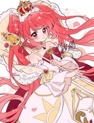 Rule 34 | 1girl, bare shoulders, closed mouth, collarbone, commission, cowboy shot, crown, detached sleeves, determined, dot nose, dream han, dress, eyelashes, fine (futagohime), fine (prominence eternal miracle change) (futagohime), floral background, flower, frilled sleeves, frills, frown, fur-trimmed headwear, fur trim, furrowed brow, fushigiboshi no futago hime, gown, highres, holding, holding scepter, juliet sleeves, light blush, light particles, long hair, long sleeves, looking at viewer, magical girl, medici collar, nail polish, petals, pink hair, pink nails, pleated sleeves, puffy sleeves, red crown, red eyes, rose, sample watermark, scepter, second-party source, solo, standing, strapless, strapless dress, sun print, twintails, very long hair, watermark, white background, white dress, white sleeves