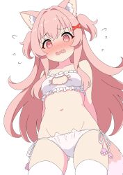 1girl @_@ absurdres animal_ear_legwear animal_ears blush bra breasts cat_cutout cat_ear_legwear cat_lingerie clothing_cutout dog_ears dog_girl dog_tail embarrassed flying_sweatdrops highres long_hair meme_attire navel original panties pink_eyes pink_hair simple_background small_breasts stomach tail two_side_up underwear white_background white_bra white_panties yuu-chan_(inugamikenoy) yuu-kun_(inugamikenoy)