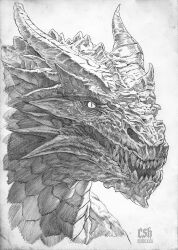 artist_name christian_sloan_hall dragon_horns fafnir_(nibelungenlied) graphite_(medium) highres horns monster no_humans norse_mythology simple_background sketch traditional_media white_background