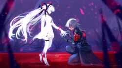1boy 1girl barcode barcode_tattoo black_bodysuit black_jacket bodysuit bracelet cycielops dress facial_tattoo floating_headgear glowing grey_hair headgear highres jacket jewelry kneeling long_hair luna:_laurel_(pgr) luna_(pgr) mechabare punishing:_gray_raven roland:_flambeau_(pgr) roland_(pgr) standing tattoo thighlet twintails white_dress white_hair