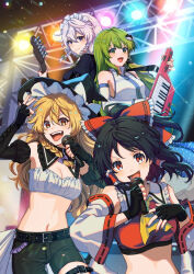 4girls alternate_costume ascot bare_shoulders belt black_belt black_gloves black_nails black_shorts black_sleeves blonde_hair bow braid breasts cleavage collared_shirt colored_lights concert crop_top detached_collar detached_sleeves fingerless_gloves fingernails frilled_bow frilled_hair_tubes frills frog_hair_ornament gloves green_eyes green_hair grey_eyes grey_hair guitar hair_bow hair_ornament hair_tubes hakurei_reimu hat holding holding_guitar holding_instrument holding_microphone instrument izayoi_sakuya keytar kirisame_marisa kochiya_sanae leg_belt long_hair long_sleeves maid maid_headdress medium_breasts medium_hair microphone midriff multiple_girls music nail_polish navel noriuma open_mouth red_bow red_eyes red_nails red_shirt shirt shorts sidelocks singing single_sidelock stage stage_lights stomach strapless textless_version touhou tube_top twin_braids very_long_hair white_shirt white_tube_top witch witch_hat yellow_ascot yellow_eyes