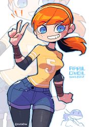 1boy 1girl absurdres april_o&#039;neil black_pantyhose blue_eyes breasts character_name denim denim_shorts donatello_(tmnt) freckles grin highres looking_at_viewer mask medium_breasts mixed-language_commentary orange_hair pantyhose projected_inset rariatto_(ganguri) shirt shorts smile standing swept_bangs teenage_mutant_ninja_turtles teenage_mutant_ninja_turtles_(2012) v wristband yellow_shirt
