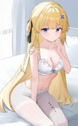 Rule 34 | 1girl, absurdres, bare shoulders, bed, bedroom, black bow, blonde hair, blush, bow, bow bra, bra, breasts, cleavage, collarbone, commentary, hair bow, hair ornament, hand up, highres, indoors, long hair, looking at viewer, medium breasts, navel, on bed, pantyhose, parted lips, phoebe (wuthering waves), purple eyes, sitting, solo, stomach, striped bow, tacet mark (wuthering waves), underwear, usagi (786113654), very long hair, white bra, white pantyhose, wuthering waves, x hair ornament