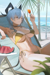 1girl absurdres bare_shoulders beach_chair bikini black_choker black_horns black_nails black_tail blue_sky breasts champagne_flute choker closed_mouth collarbone commentary_request cup curled_horns day drinking_glass food fruit gold_bikini grey_hair hand_up highres holding holding_cup horns jiuzaiqianjitian key large_breasts long_hair mole mole_on_breast nail_polish navel outdoors side-tie_bikini_bottom sitting sky smile solo stomach swimsuit thighs watermelon wuthering_waves zani_(wuthering_waves)