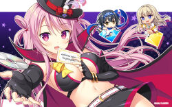 Rule 34 | 3girls, :d, ambitious mission, arise kaguya, bare shoulders, belt, black gloves, black hair, black hat, black skirt, blonde hair, blue eyes, blue scarf, blush, bow, bowtie, breasts, bright pupils, brown eyes, cape, chibi, chibi inset, company name, cowboy shot, crossed legs, dark-skinned female, dark skin, detached sleeves, diamond (gemstone), dutch angle, elbow gloves, english text, eyelashes, fingerless gloves, fingernails, floating hair, gloves, gyaru, hair intakes, hair rings, hand up, happy, hat, hat bow, hat feather, highres, holding, holding paper, hongou nijimu, ishikawa yae, japanese clothes, kimono, kogal, large breasts, long hair, long sleeves, looking at viewer, medium hair, miniskirt, moribe (rabumanyo), multiple girls, navel, ninja, official art, open mouth, outline, outstretched arm, outstretched hand, paper, picpicgram, pink hair, purple background, red bow, red cape, red eyes, scarf, school uniform, sidelocks, simple background, skirt, smile, solo focus, star (symbol), star sticker, sticker on face, top hat, two side up, very long hair, white belt, white kimono, white outline, white pupils, wide sleeves, yellow bow, yellow bowtie