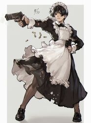 Rule 34 | 1boy, aiming, alternate costume, apron, axis powers hetalia, back bow, black dress, black eyes, black hair, black shoes, blunt ends, border, bow, brown pantyhose, bullet, buttons, closed mouth, collared dress, crossdressing, dress, en llll, enmaided, frills, full body, grey background, gun, hand on own hip, hand up, handgun, highres, holding, holding gun, holding weapon, japan (hetalia), juliet sleeves, long sleeves, looking at viewer, maid, maid headdress, male focus, outside border, pantyhose, puffy sleeves, shadow, shoes, short hair, simple background, solo, standing, torn clothes, weapon, white apron, white border, white bow