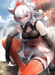 1girl abs absurdres animal_ear_fluff animal_ears bare_shoulders bridal_gauntlets c.parfait crop_top detached_sleeves feet_out_of_frame hat highres inubashiri_momiji knee_up orange_thighhighs outdoors pom_pom_(clothes) red_eyes short_hair solo sweat tail thighhighs tokin_hat touhou white_hair wolf_ears wolf_tail