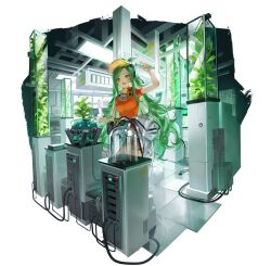 1girl :d bell_jar breasts cable display_case echoes_of_vision faux_figurine green_eyes green_hair hair_ornament hand_up highres holding holding_test_tube laboratory long_hair maia_(echoes_of_vision) mask mask_around_neck medium_breasts official_alternate_costume official_art open_mouth orange_shirt oxygen_mask plant shirt short_sleeves smile solo test_tube tile_floor tiles transparent_background upper_body very_long_hair