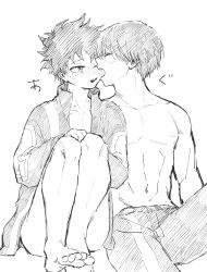 Rule 34 | abs, aftersex, bare legs, barefoot, biting, blush, boku no hero academia, bones (company), bottomless, curly hair, feet, freckles, hickey marks, jacket, knees, legs, messy hair, midoriya izuku, multicolored hair, no male underwear, no shirt, open clothes, open jacket, pants only, pectorals, sd rr tm, shounen jump, todoroki shouto, topless, two-tone hair, yaoi
