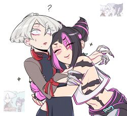 Rule 34 | 2girls, a.k.i. (street fighter), china dress, chinese clothes, claw (weapon), claw ring, closed eyes, diagonal bangs, dress, fingerless gloves, gloves, hair horns, han juri, highres, hug, impossible hair, multiple girls, street fighter, street fighter 6, surprise hug, surprised, terokich, weapon, wide-eyed