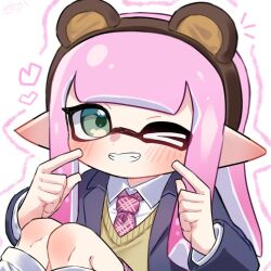 1girl amakusa_setoka animal_ears bear_ear_hairband bear_ears blush brown_hairband collared_shirt commentary_request dot_nose fake_animal_ears green_eyes hairband heart inkling inkling_girl inkling_player_character long_hair necktie nintendo pink_necktie pointy_ears shirt sitting smile solo splatoon_(series) splatoon_3 teeth tentacle_hair white_background white_shirt winking_(animated)