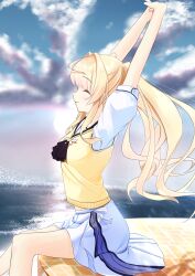 1girl ^_^ absurdres arms_up ascot black_ascot blonde_hair blue_sky blush closed_eyes closed_mouth cloud cloudy_sky commentary day feet_out_of_frame floating_hair from_side hair_intakes happy highres long_hair midriff_peek miniskirt miraikanai ocean outdoors profile puffy_short_sleeves puffy_sleeves sailor_collar school_uniform serafuku shirt short_sleeves sidelocks sitting skirt sky smile solo stretching summer_pockets summer_pockets_school_uniform sweater_vest tsumugi_wenders twintails white_sailor_collar white_serafuku white_shirt white_skirt yellow_sweater_vest