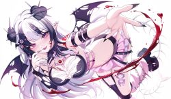 1girl arm_belt armpits asymmetrical_legwear bare_shoulders bat_wings belt black_hair black_nails black_shirt black_thighhighs blood chest_harness crop_top ear_piercing fingernails hand_up harness heterochromia highres indie_virtual_youtuber kiyochii kneehighs long_hair looking_at_viewer midriff miniskirt multicolored_hair nail_polish outstretched_arm piercing pink_eyes pink_skirt pink_socks pointy_ears purple_eyes sharp_fingernails shirt shoulder_tattoo simple_background skirt sleeveless sleeveless_shirt smile socks solo sprinkle_hershy stitches tattoo thighhighs tongue tongue_out tongue_piercing two-tone_hair very_long_hair virtual_youtuber white_background white_hair wings