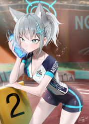 1girl animal_ear_fluff animal_ears b4mbo0 black_shorts blue_archive blue_eyes blush bottle breasts cleavage cross_hair_ornament cycling_uniform extra_ears grey_hair hair_ornament highres holding holding_bottle long_hair official_alternate_costume official_alternate_hairstyle open_mouth ponytail shiroko_(blue_archive) shiroko_(cycling)_(blue_archive) shirt short_sleeves shorts sidelocks solo sweatdrop water_bottle white_shirt wolf_ears wolf_girl